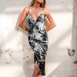 Sexy Tie Dye V-Neck Spaghetti Strap Midi Backless Dress