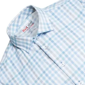 Short Sleeve Light Blue Check Voyage Performance Fitted Shirts Leo Chevalier