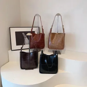 Shoulder Bucket Bags Leather Women's Large 2 in 1 Snap Plaid Stitch Handbags