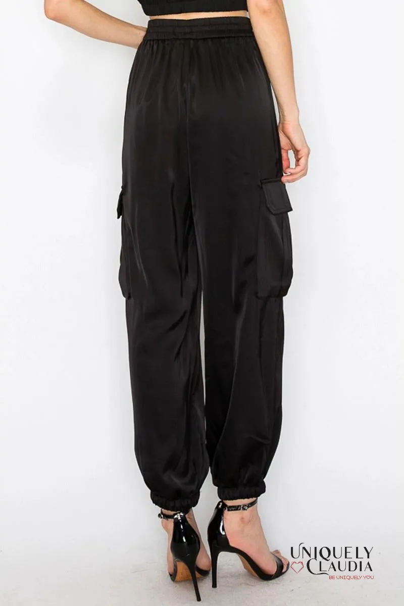 Sidney Satin Elastic Waist Cargo Pants