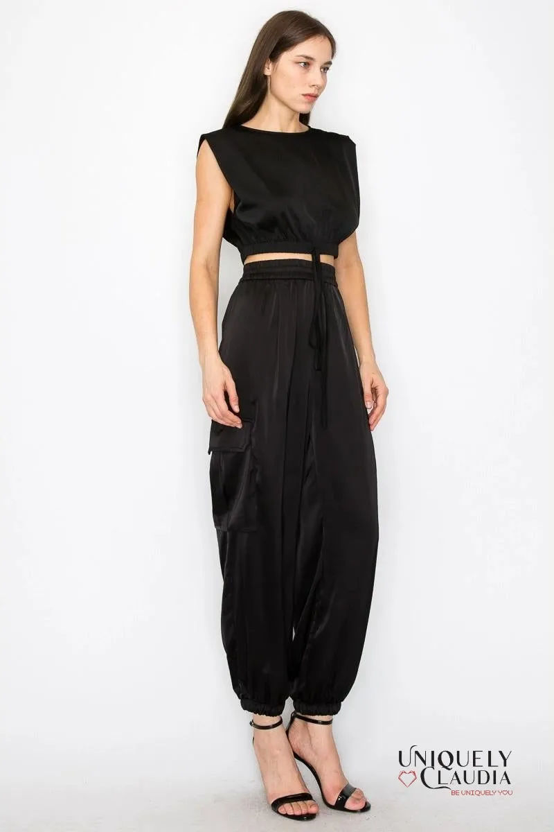 Sidney Satin Elastic Waist Cargo Pants