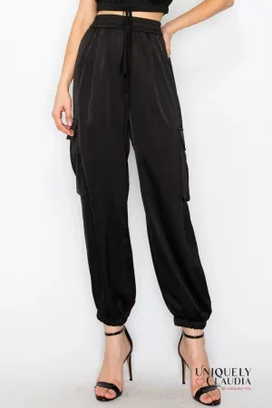 Sidney Satin Elastic Waist Cargo Pants
