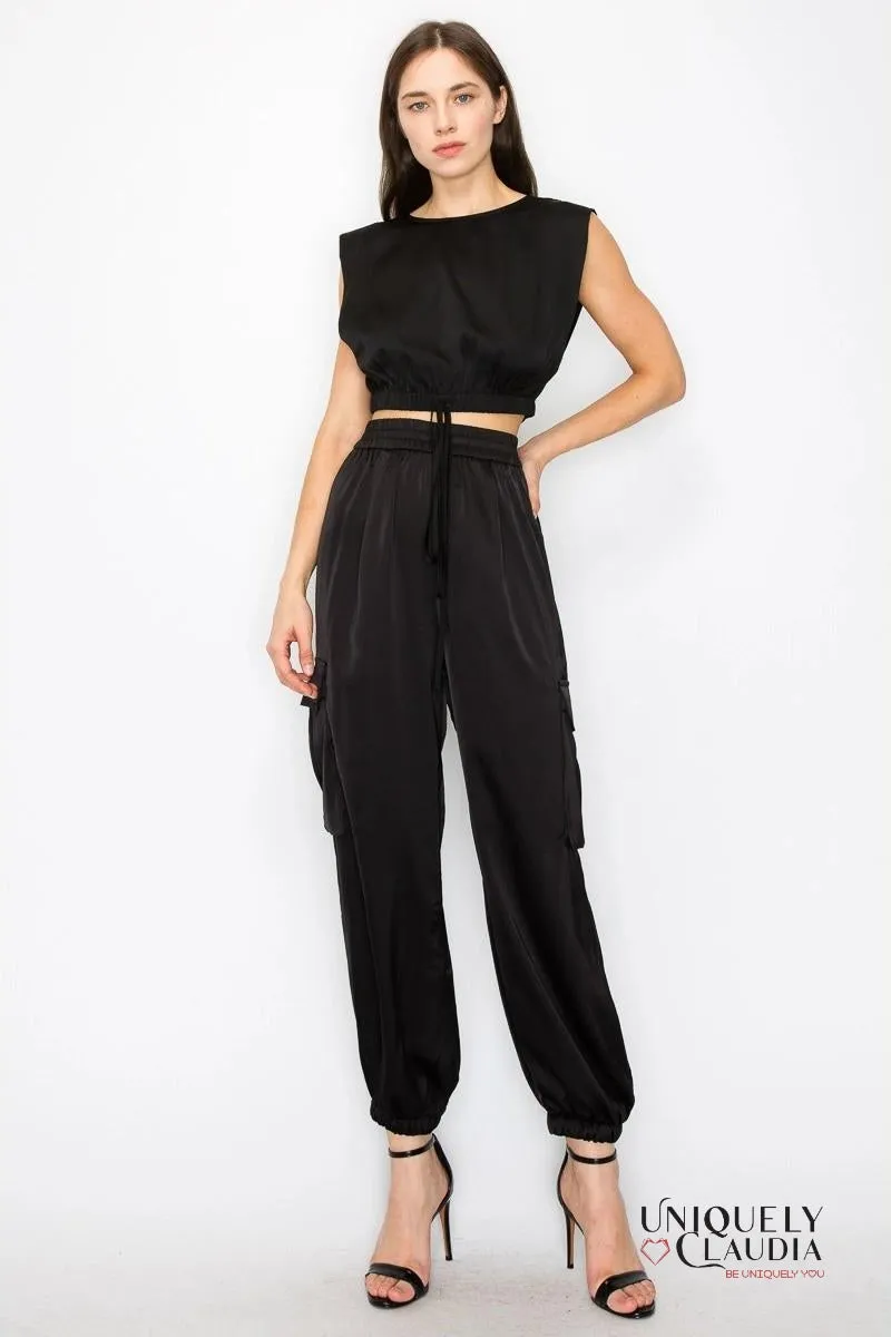 Sidney Satin Elastic Waist Cargo Pants