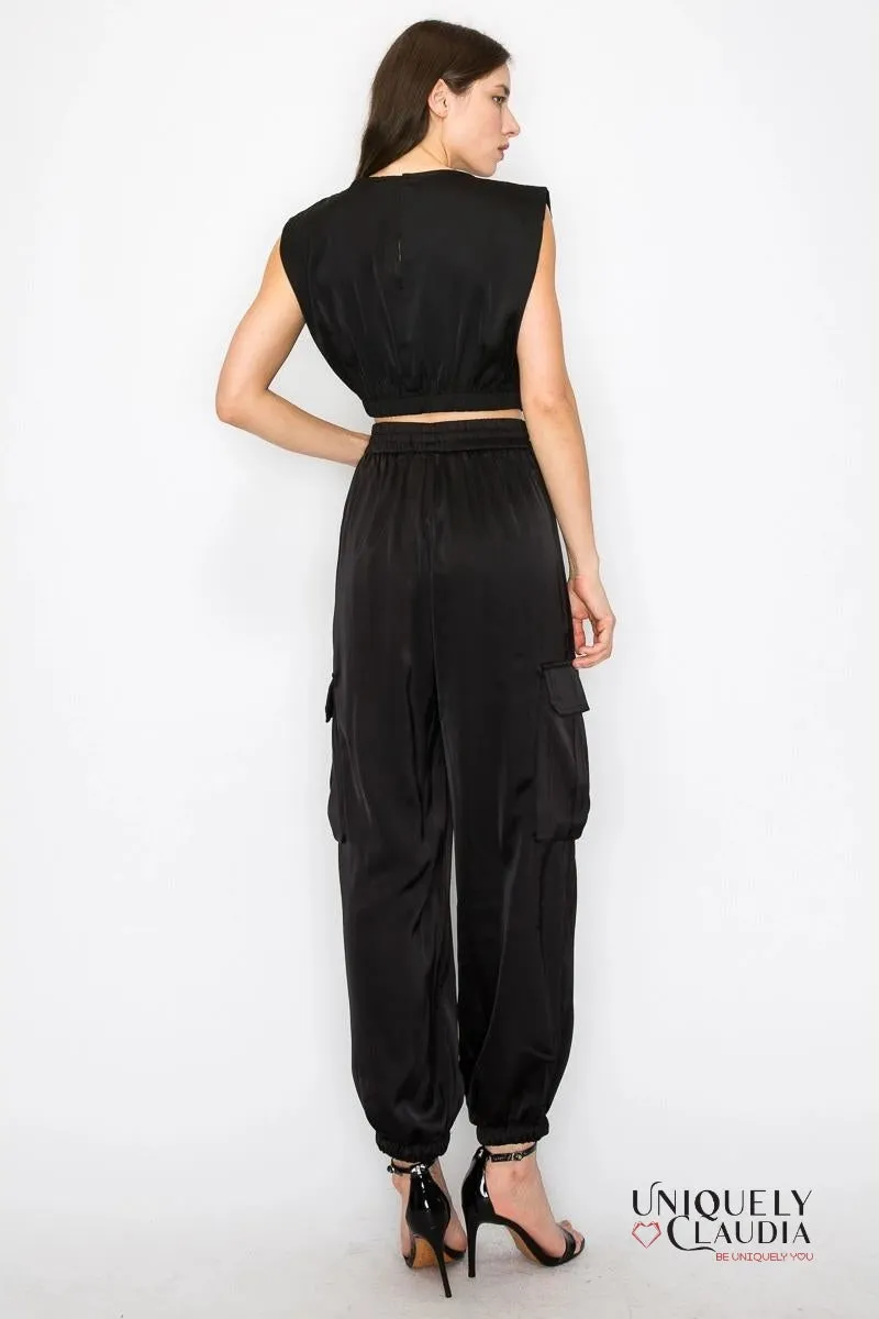 Sidney Satin Elastic Waist Cargo Pants