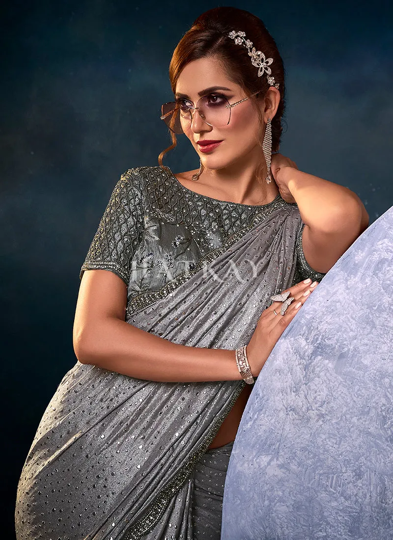 Silver Grey Sequence Embroidered Festive Saree