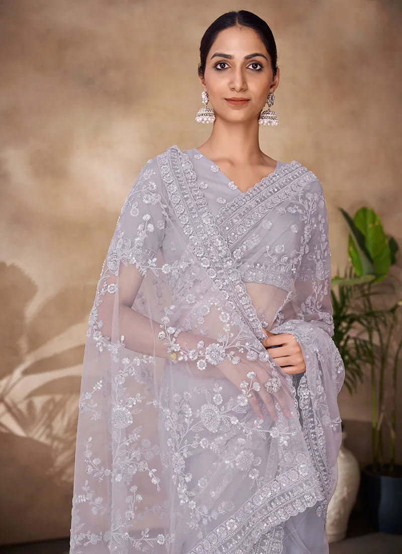 Silver Grey Sequence Embroidery Party Wear Saree
