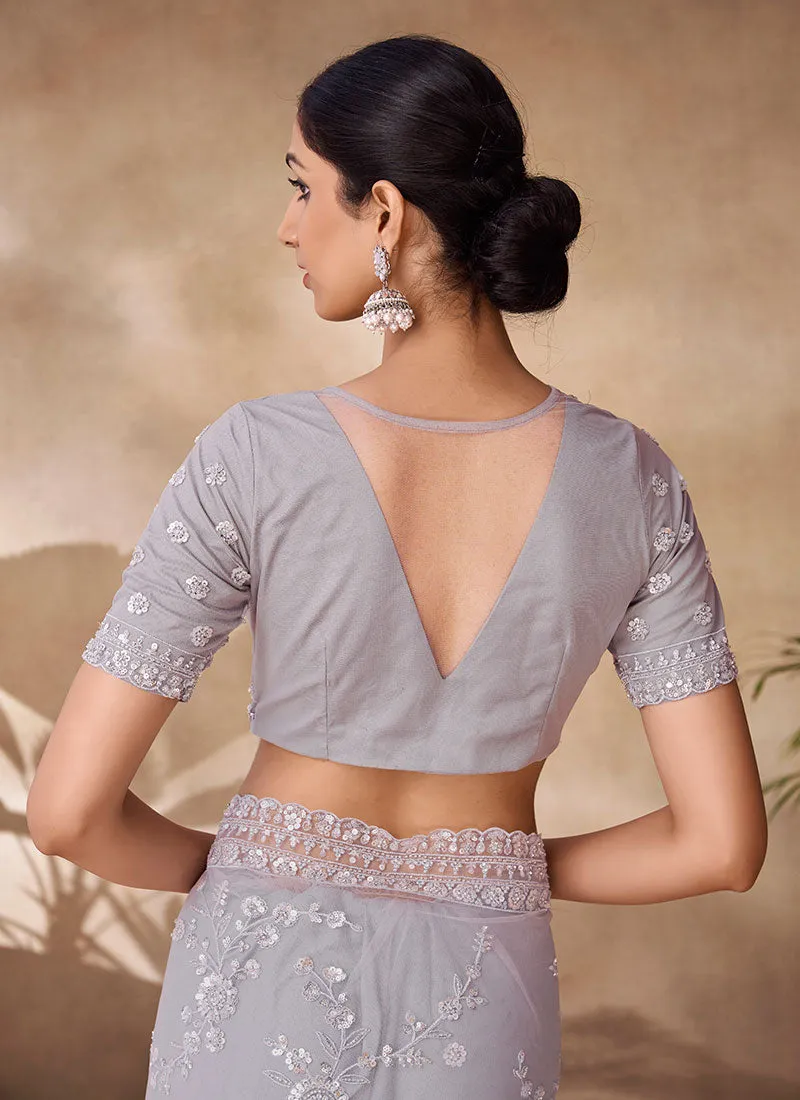 Silver Grey Sequence Embroidery Party Wear Saree