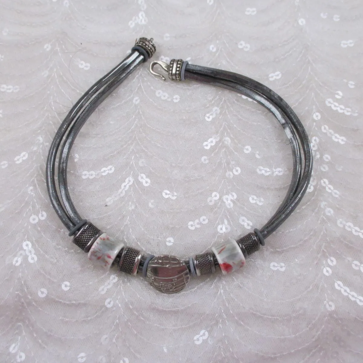 Silver Metallic Cord Silver & Ceramic Handmade Necklace
