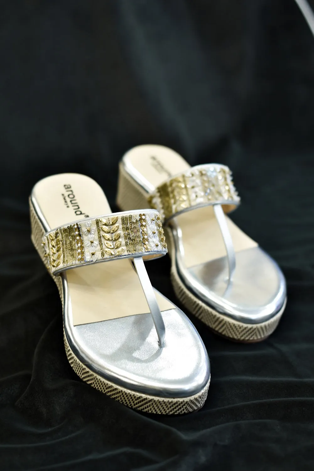 Silver Poly Silk & Rexine Embroidered Heels