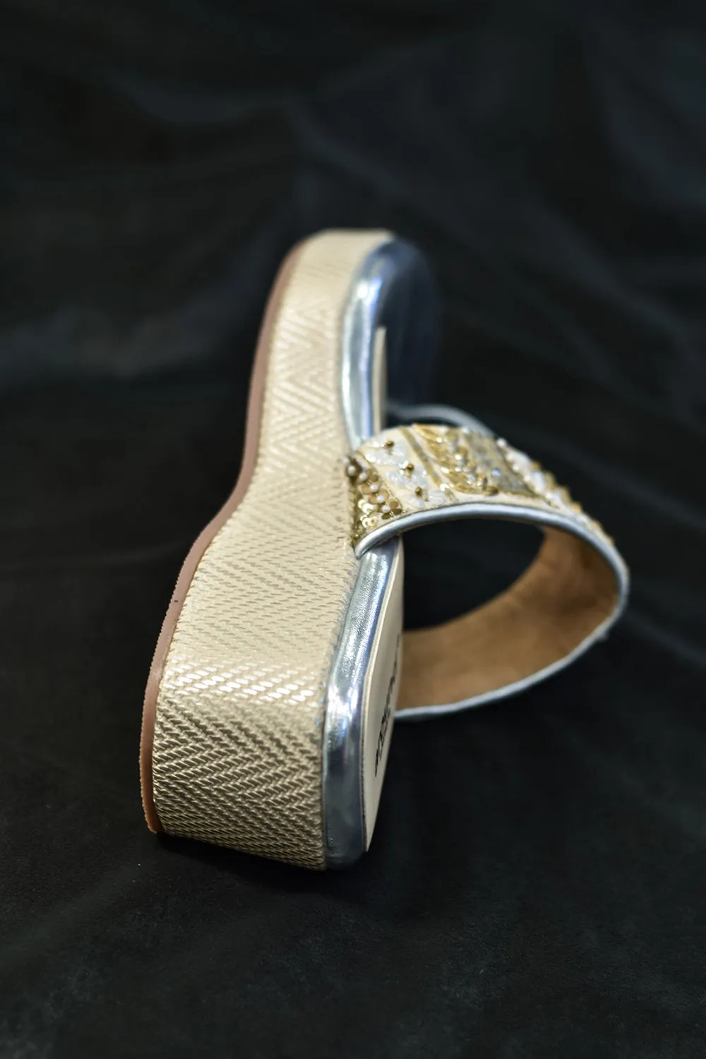 Silver Poly Silk & Rexine Embroidered Heels