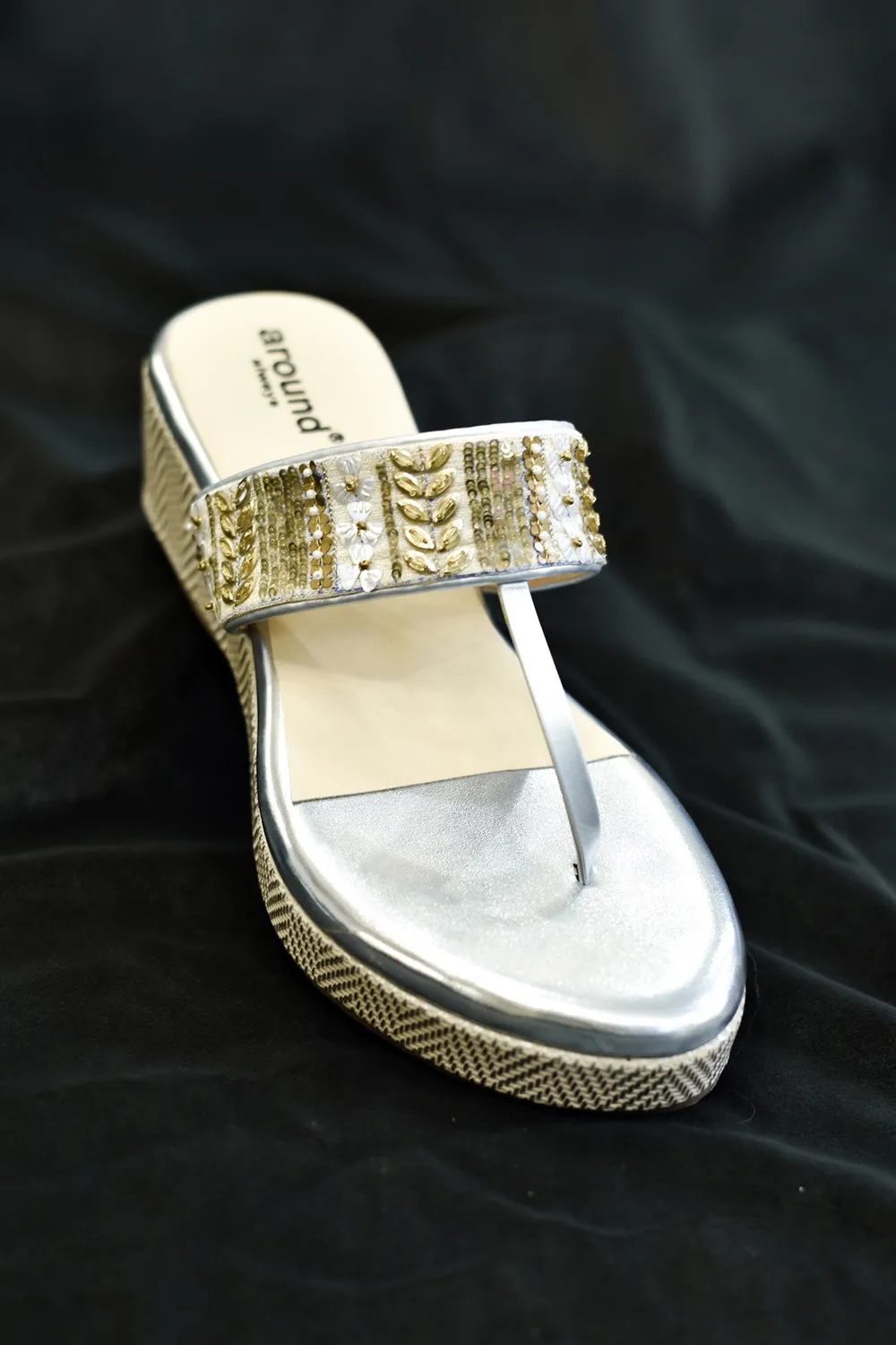 Silver Poly Silk & Rexine Embroidered Heels
