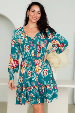 Siren Short Dress - Teal Botanica