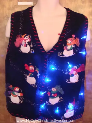 Skiing Snowmen Cute Christmas Sweater Vest with Lights