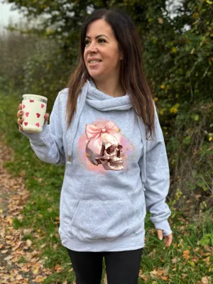 Skull Blush Bow Luxe Hoodie - Grey