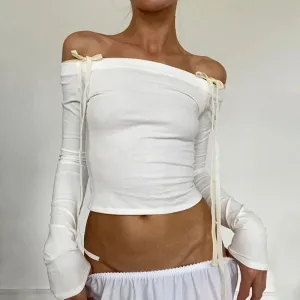 Slash Neck Bow White Sweet Female T-shirt Chic Autumn Tee Slim Long Sleeve Tie Up Coquette Clothes Off Shoulder Tops