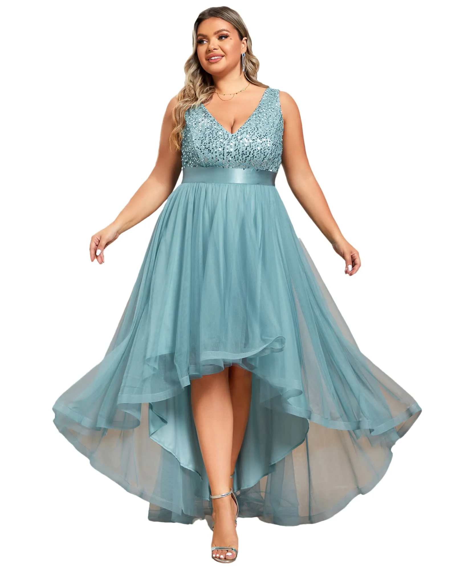 Sleeveless Sequin Ribbon Waist Tulle High Low Evening Dress | Dusty Blue