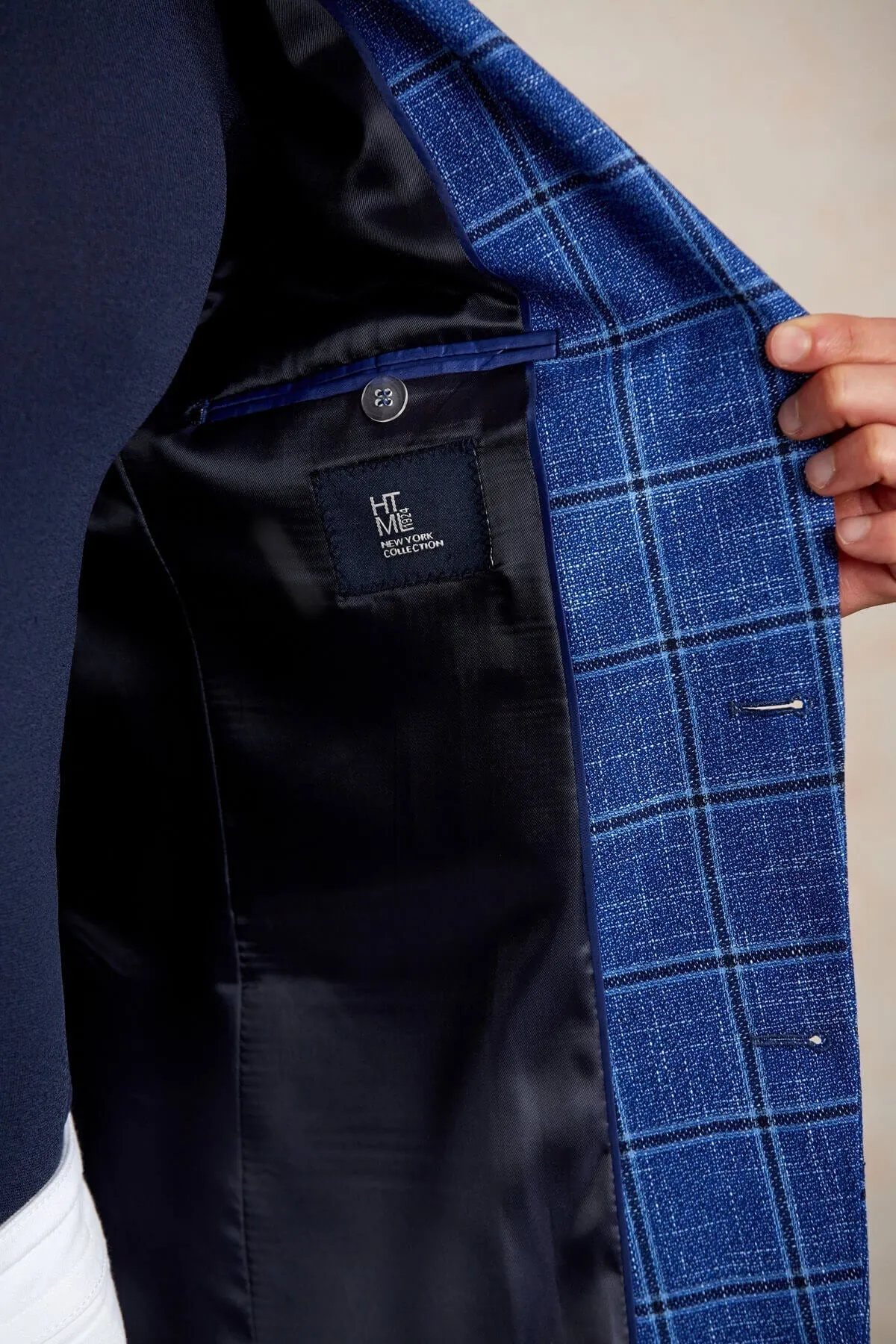 Slim Fit Notch Lapel Plaid Dark Blue Casual Blazer