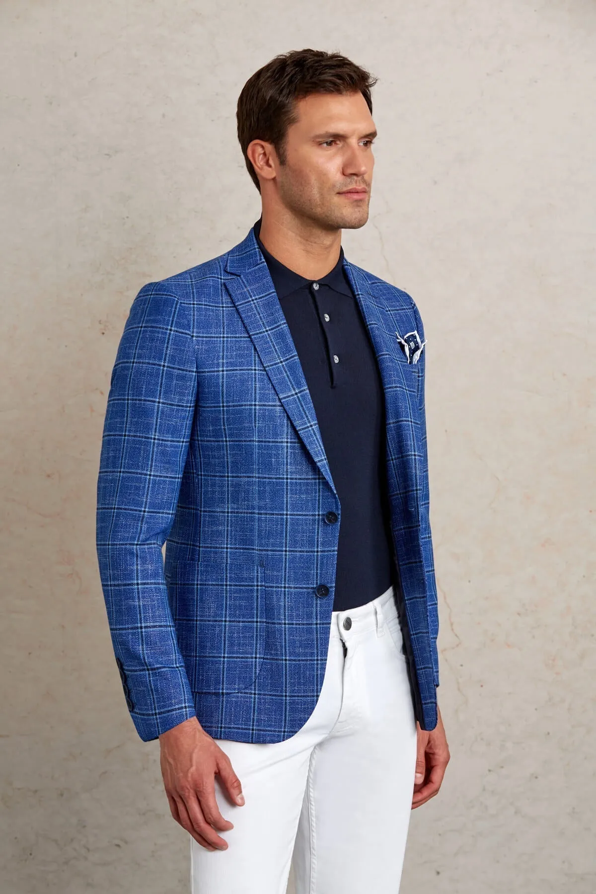 Slim Fit Notch Lapel Plaid Dark Blue Casual Blazer