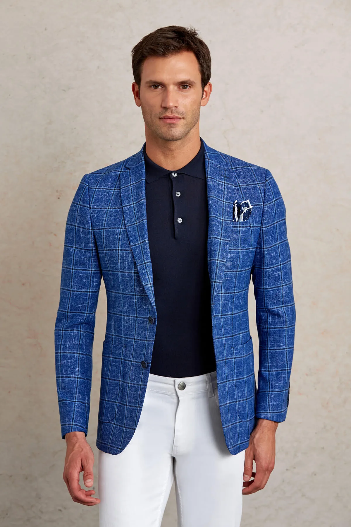 Slim Fit Notch Lapel Plaid Dark Blue Casual Blazer
