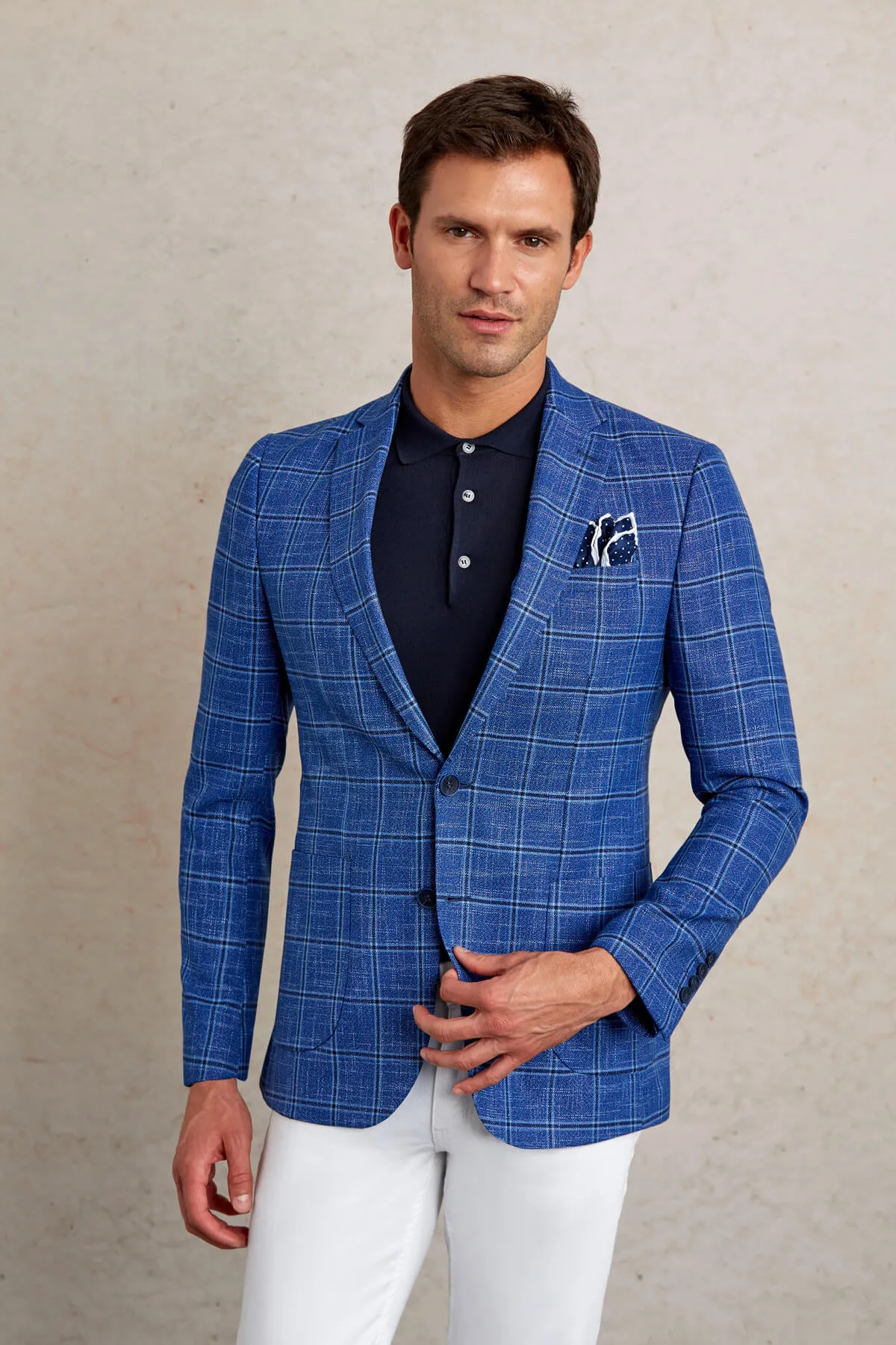 Slim Fit Notch Lapel Plaid Dark Blue Casual Blazer