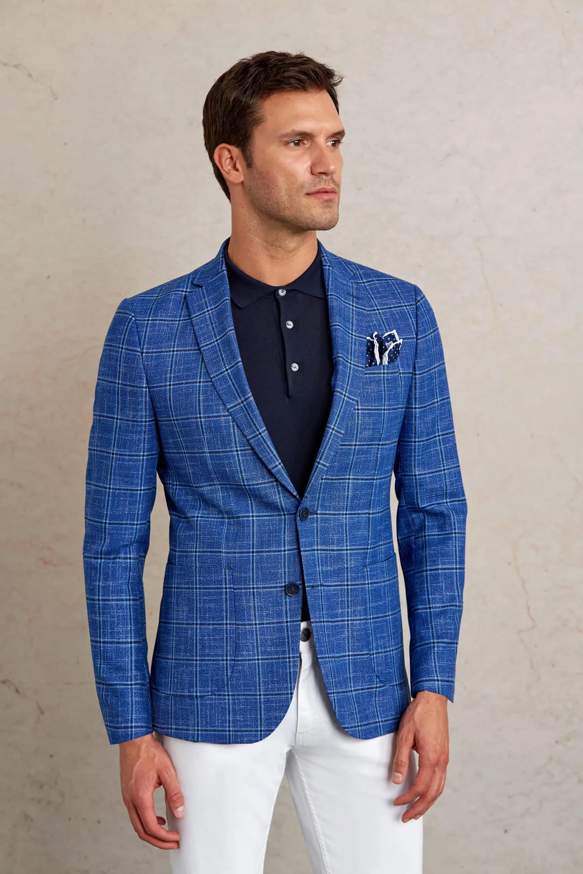 Slim Fit Notch Lapel Plaid Dark Blue Casual Blazer