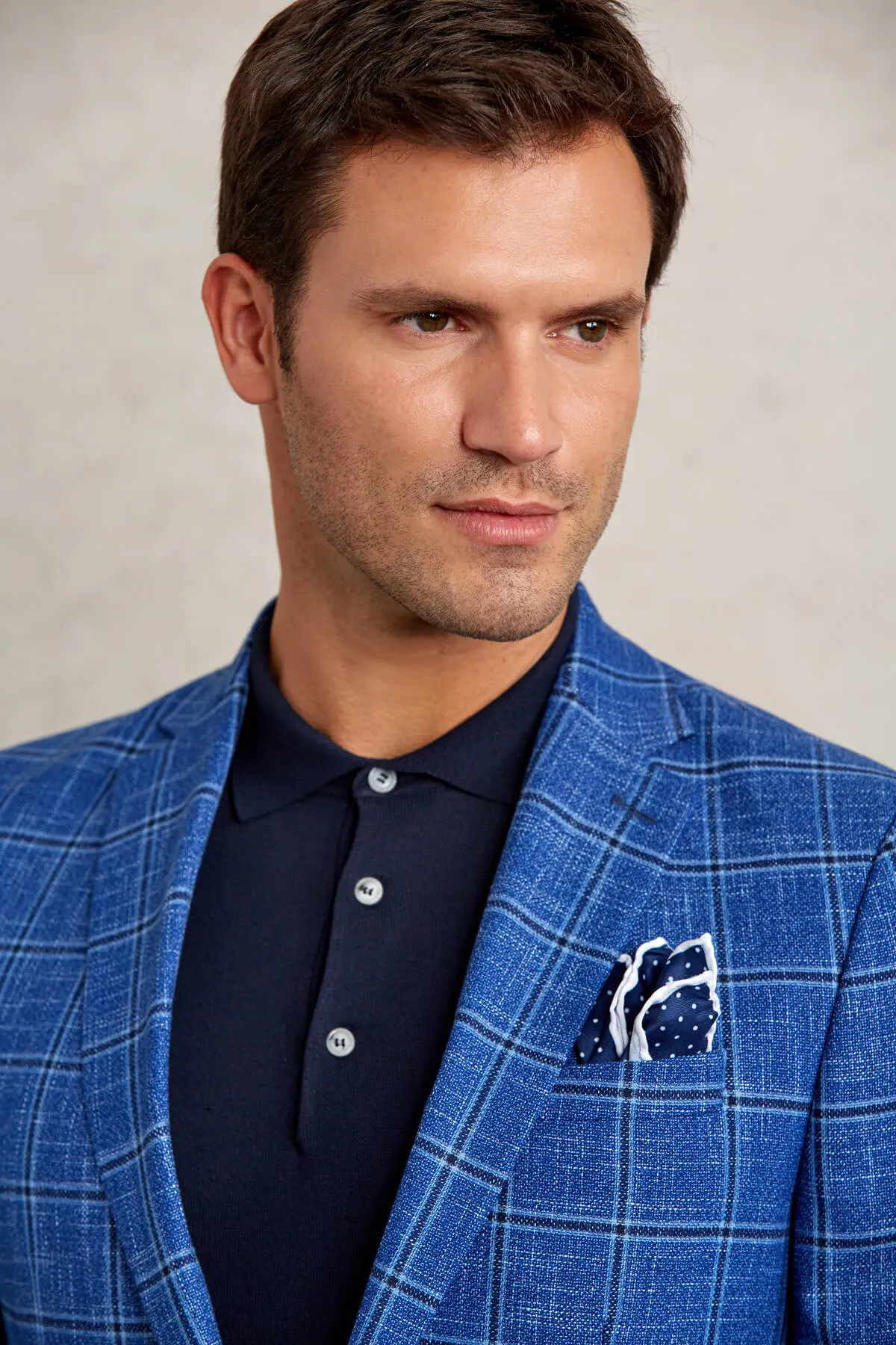 Slim Fit Notch Lapel Plaid Dark Blue Casual Blazer
