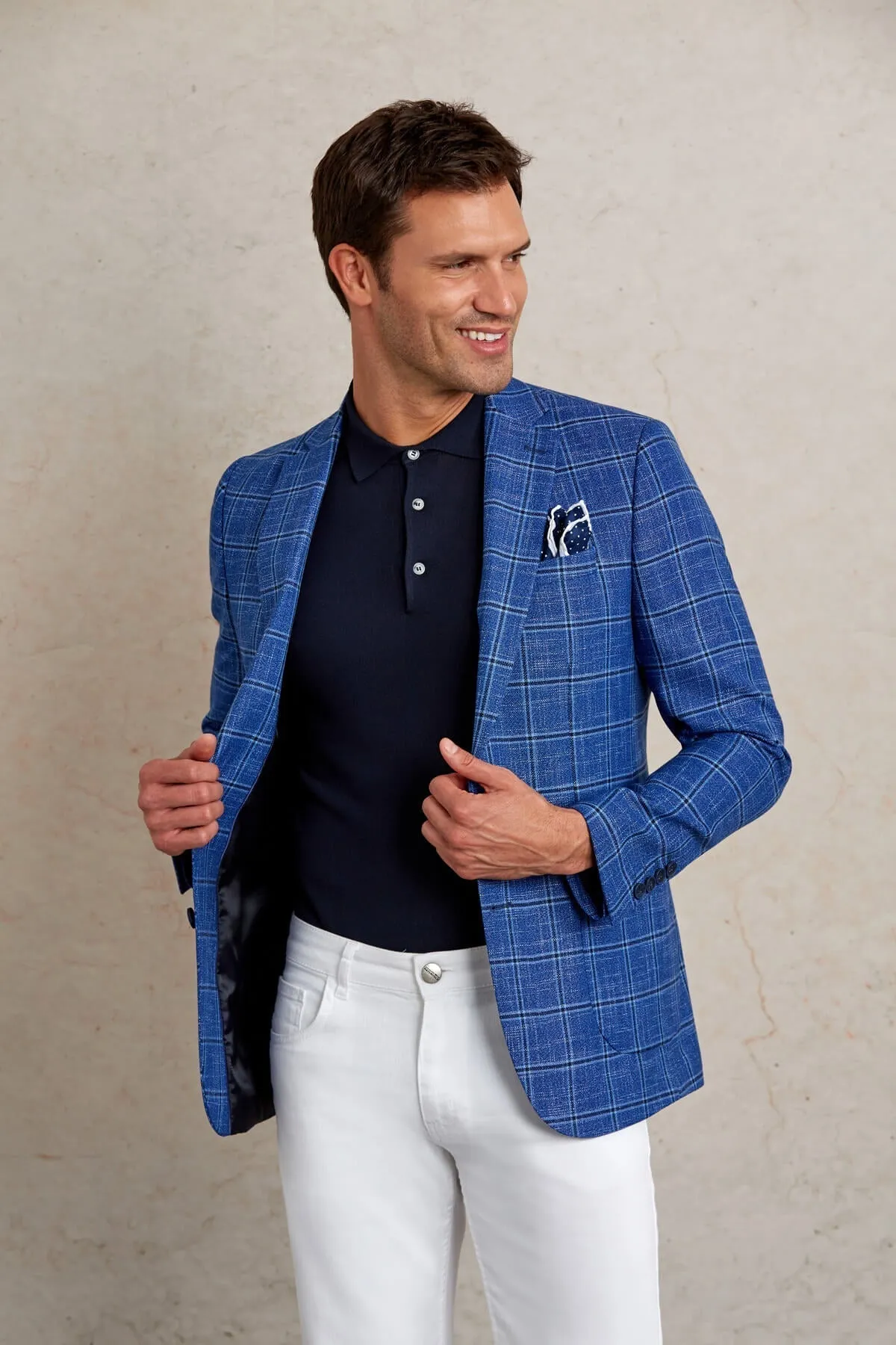 Slim Fit Notch Lapel Plaid Dark Blue Casual Blazer