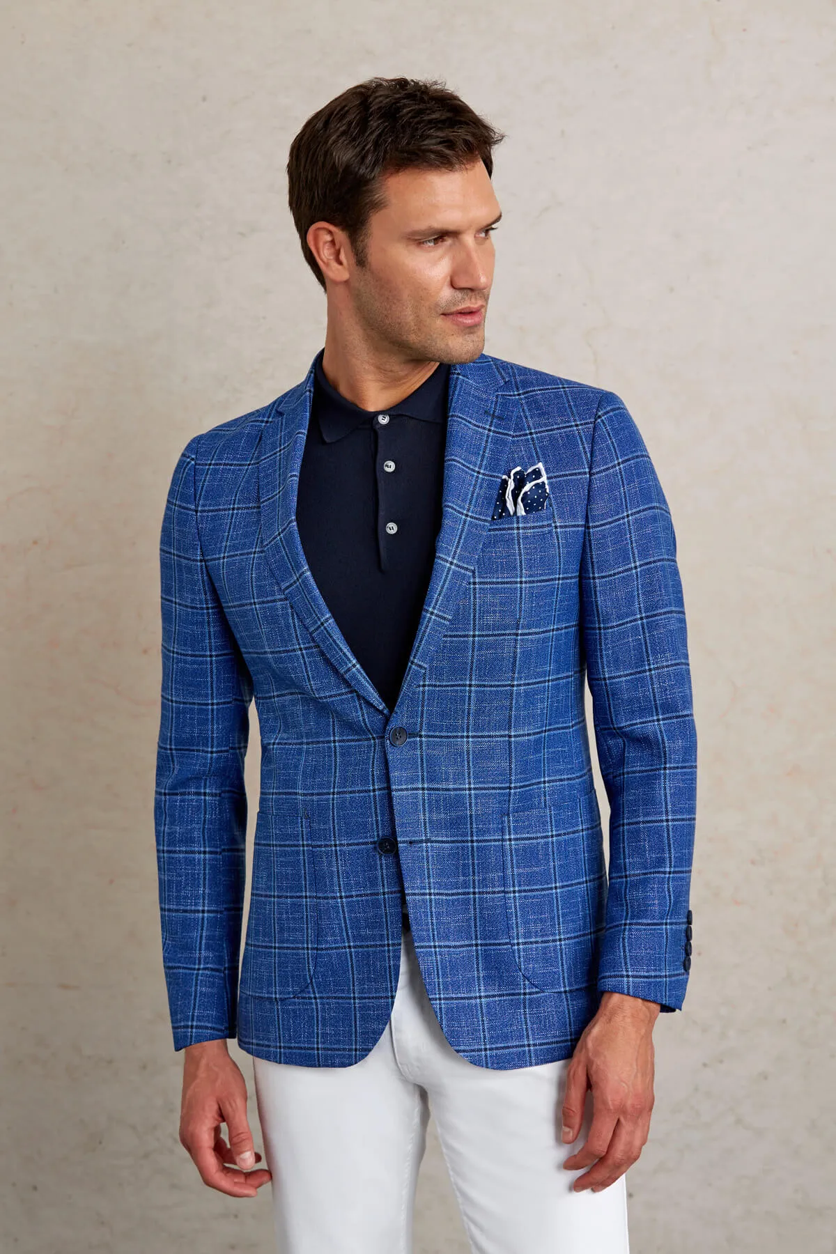 Slim Fit Notch Lapel Plaid Dark Blue Casual Blazer