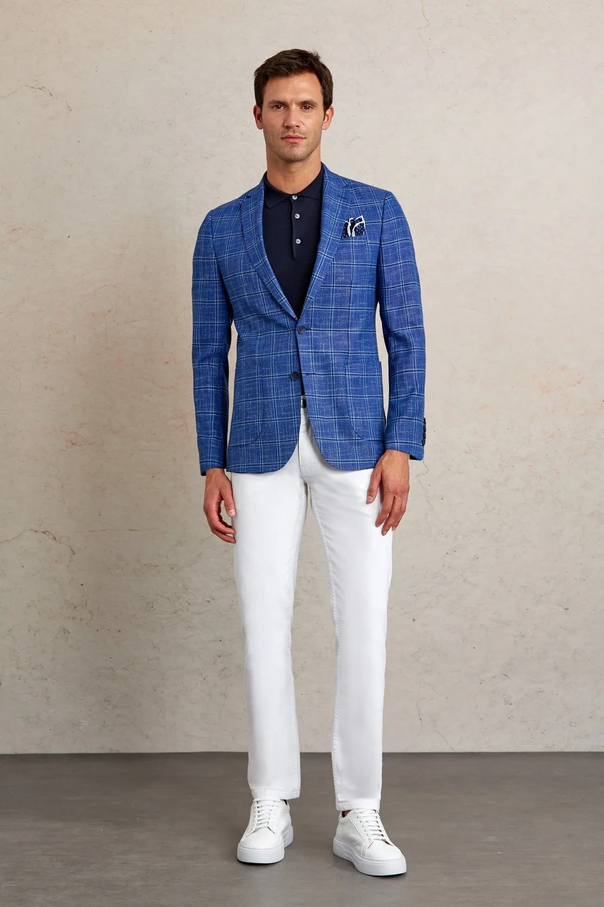 Slim Fit Notch Lapel Plaid Dark Blue Casual Blazer