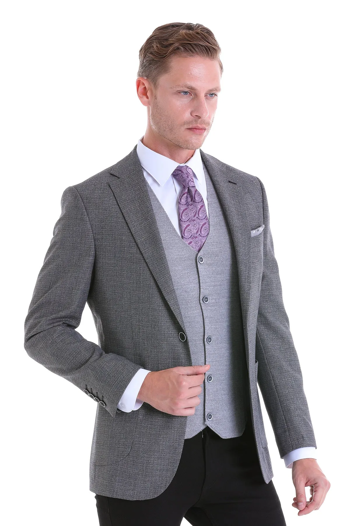 Slim Fit Notch Lapel Textured Black Casual Blazer