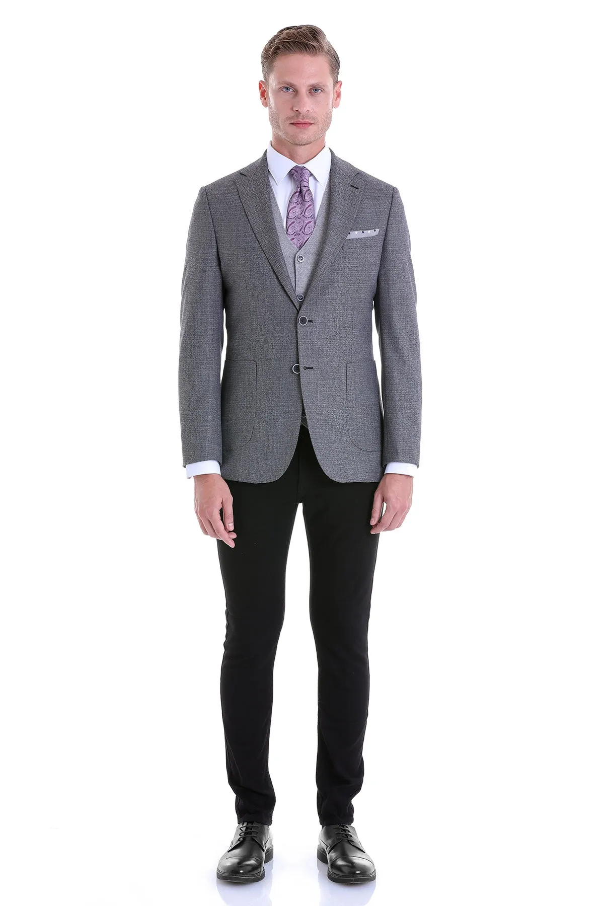 Slim Fit Notch Lapel Textured Black Casual Blazer
