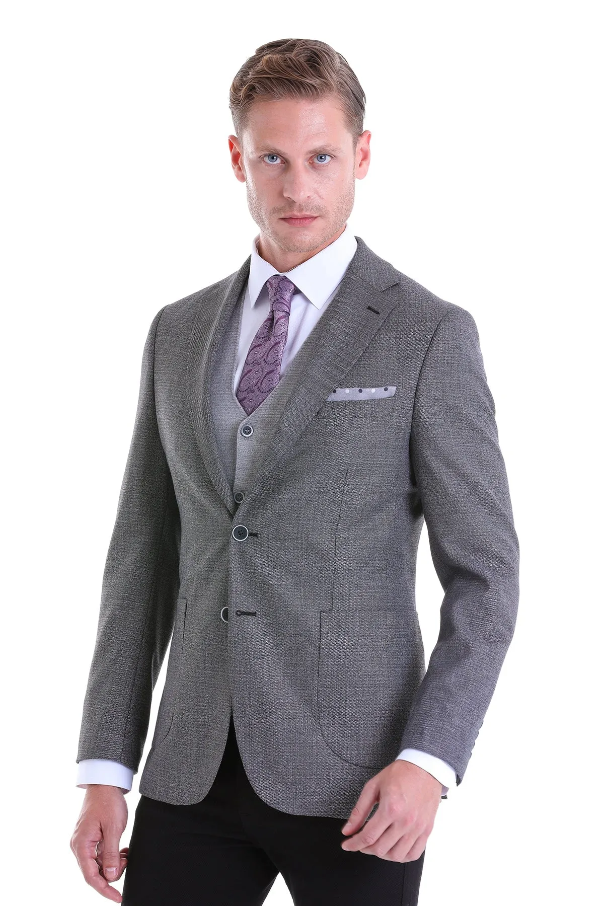 Slim Fit Notch Lapel Textured Black Casual Blazer