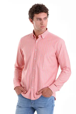 Slim Fit Striped Cotton Blend Orange Casual Shirt