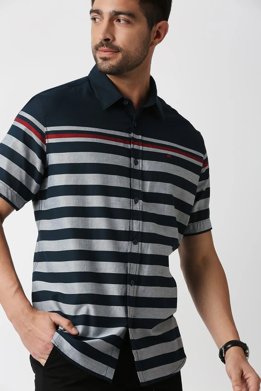 Slim Fit Twill Eng Weft Stripe Halfsleeves Shirt