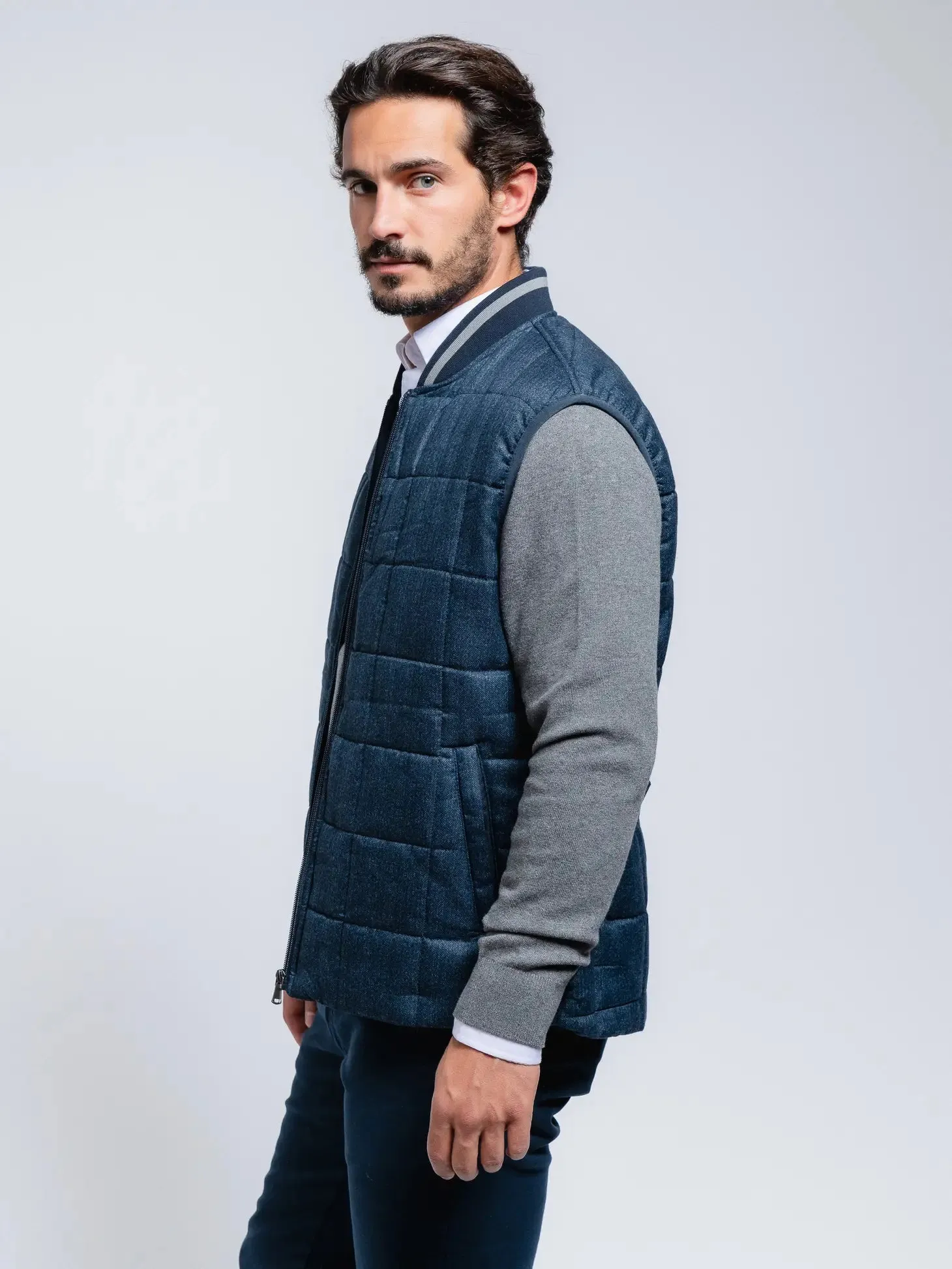 SMF Blue Vest with Varsity Collar Detail