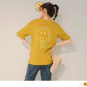 SMILE PRINTED SHORT SLEEVE DROP SHOULDER TOPS