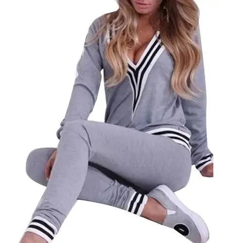 Soft Cotton V-Neck Striped Pullover and Pants Women's Tracksuits