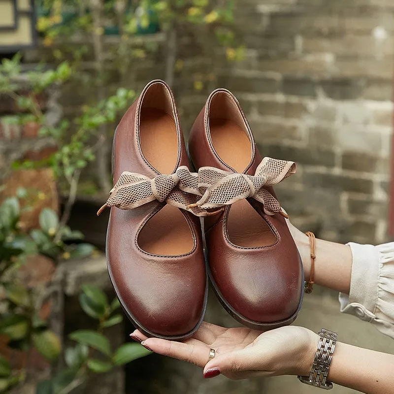 Soft Leather Flat Slip on Mary Jane Shoes With Bow Handmade in Beige/Coffee