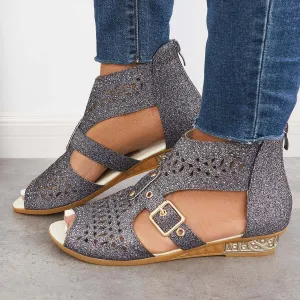 Sohiwoo Casual Block Heel Sanadals Hollow Cutout Back Zipper Sandals