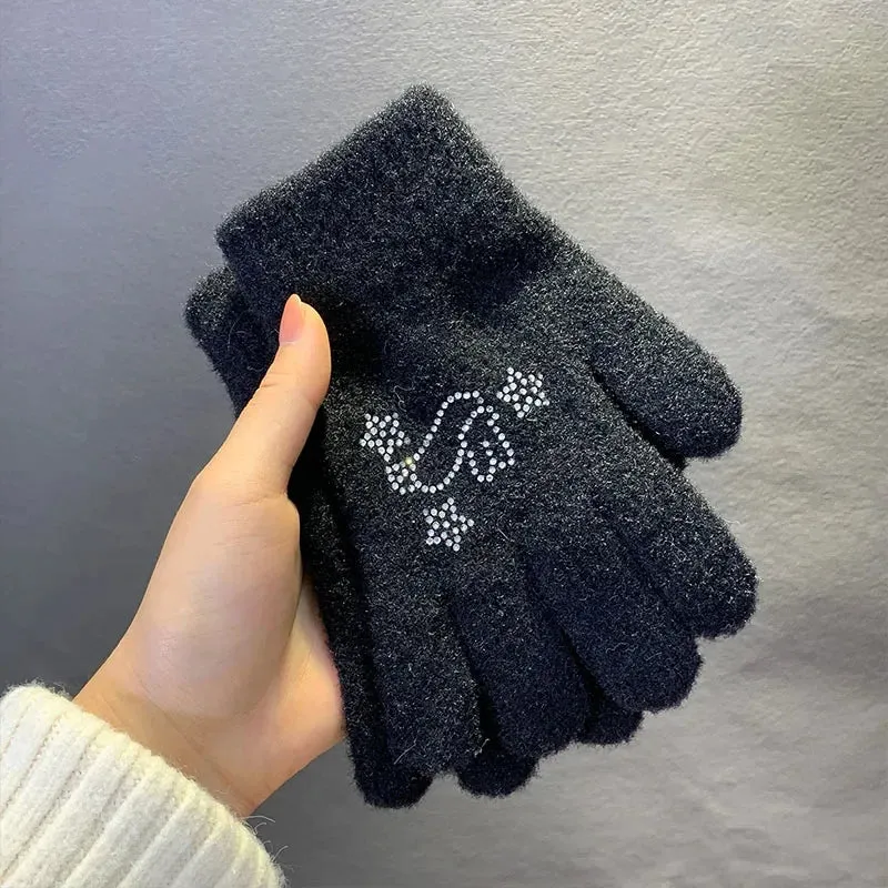 Sohiwoo Cute Rhinestone Bunny Gloves Sweet Knitted Winter Warm Thickened Kawaii Lolita Fullfinger Gloves Women Mittens JK Accessories