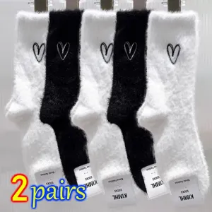Sohiwoo Lovely Cozy Hairy Mink Super Soft Velvet Socks Winter Hosiery Thickened Plush Warm Home Fluffy White Black Heart-shaped Socks