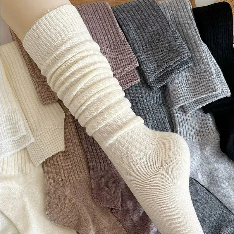 Sohiwoo Soft Wool Long Socks Women Autumn Winter Cashmere Solid Knitted Stocking Skinny Casual Knee High Fluffy Warm Thicken Girls Socks