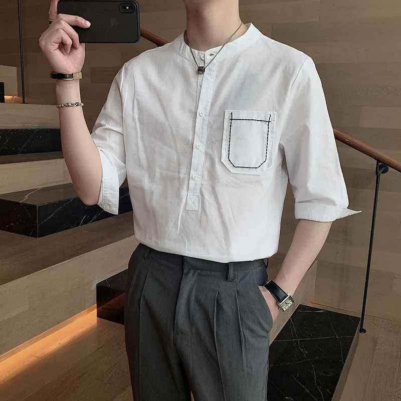 Solid Half-Sleeved Stand Collared Shirts