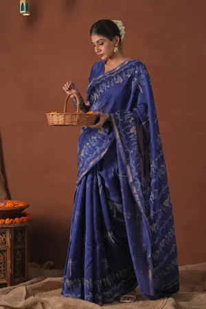 Sooti Syahi ' Golden Ocean' Hand Block Printed Chanderi Silk Saree