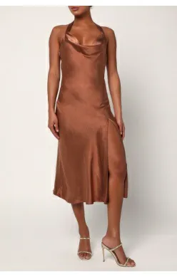 Sophisticated Impression Brown Satin Backless Cowl Midi Dress