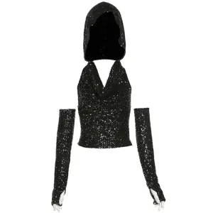 Sparkling Sequin Y2k Tank Tops Black Hooded Deep V Backless Crop Top with Arm Sleeves Streetwear Sexy Shirts P94-DD22