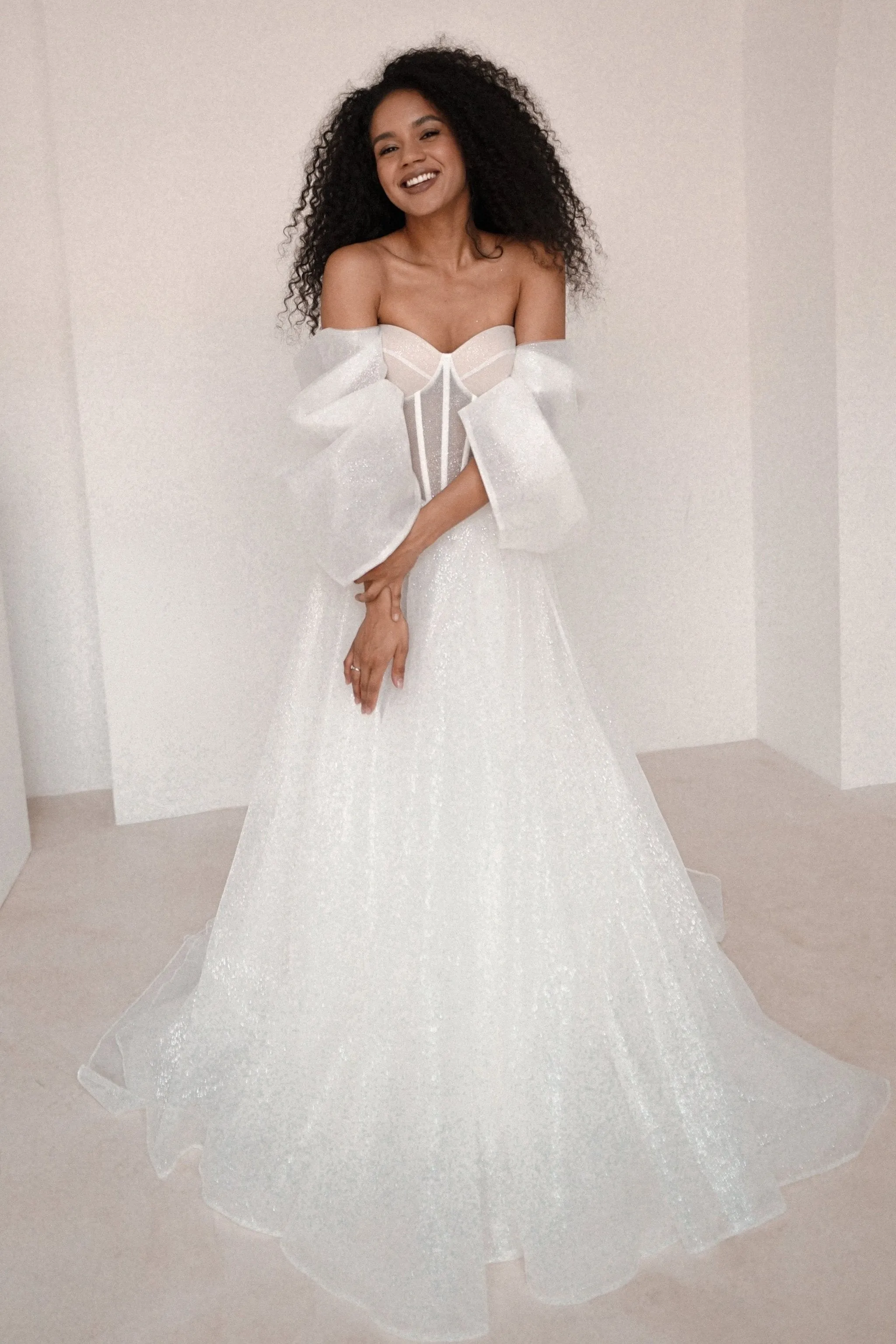 Sparkly Wedding Dress Hennie with Detachable Sleeves-Bow