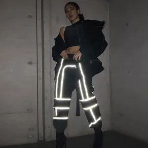 Spring hot reflective fluorescent splicing casual streetwear taperedtrousers cargo harem pants