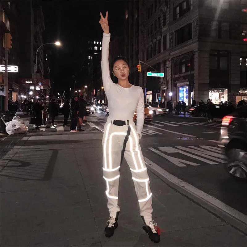 Spring hot reflective fluorescent splicing casual streetwear taperedtrousers cargo harem pants