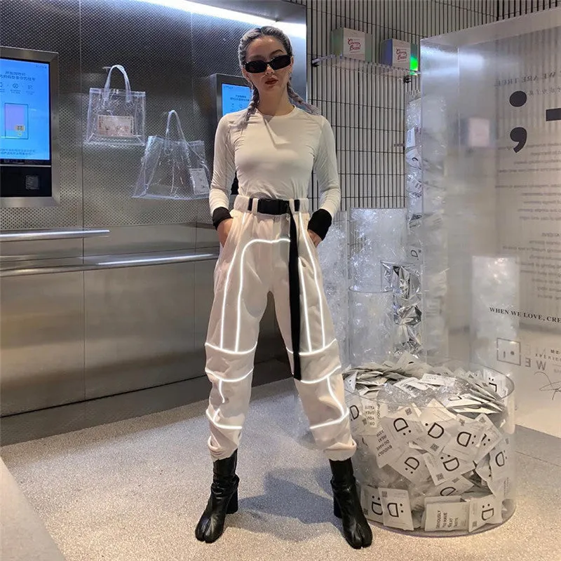 Spring hot reflective fluorescent splicing casual streetwear taperedtrousers cargo harem pants